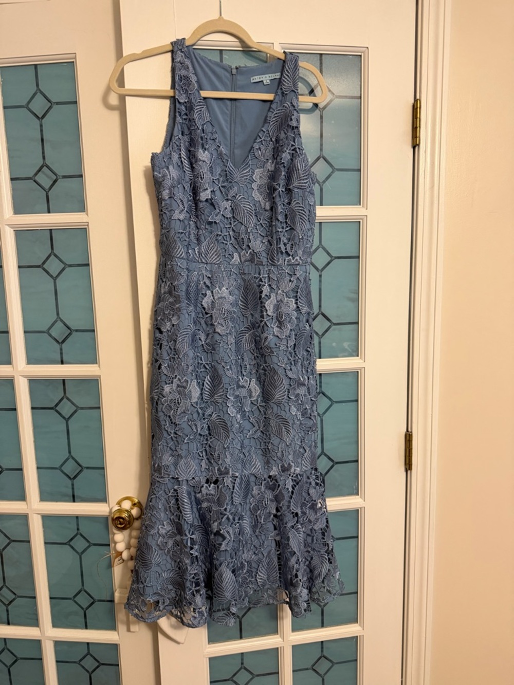 ANTONIO MELANI Dusty Blue Lace V-Neck Midi Dress
